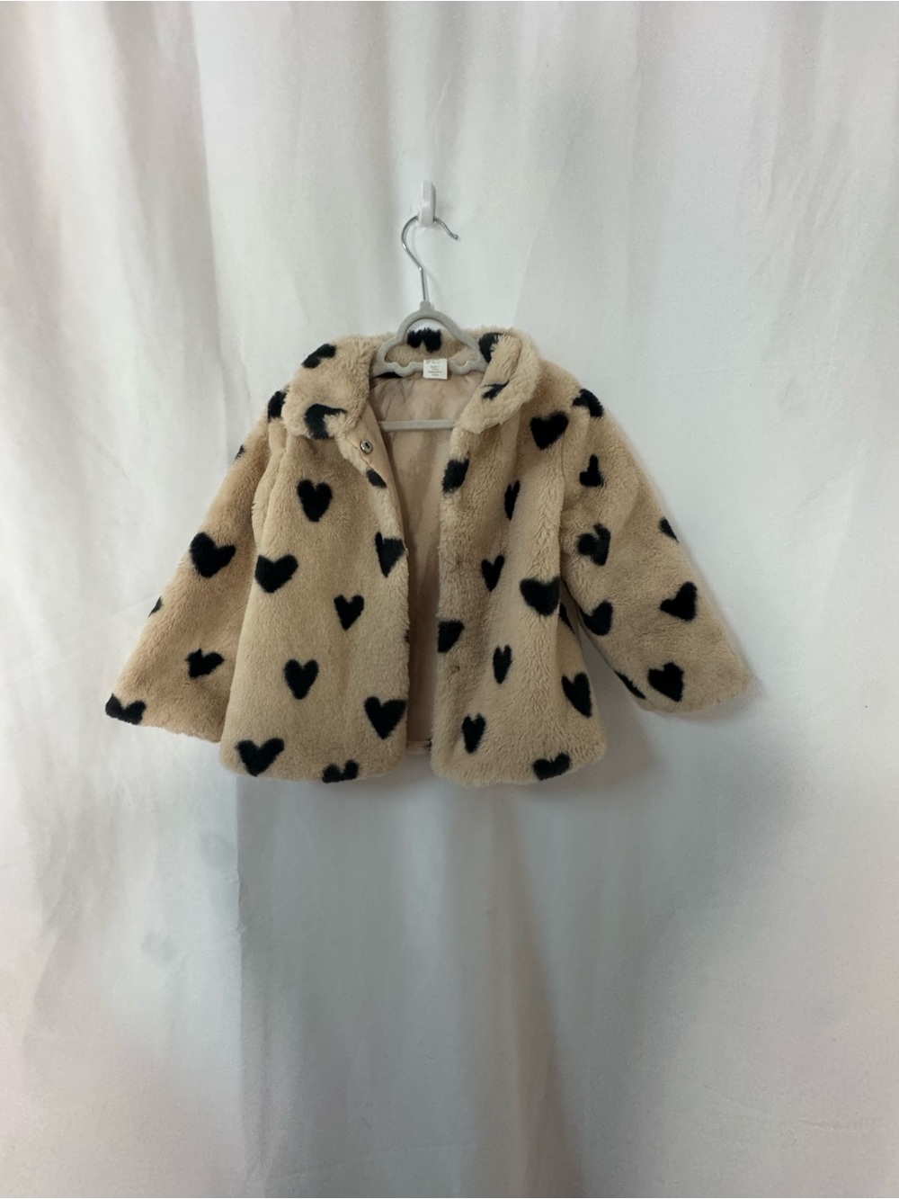 Kids Faux Fur Heart Jacket - Beige with Black Hearts